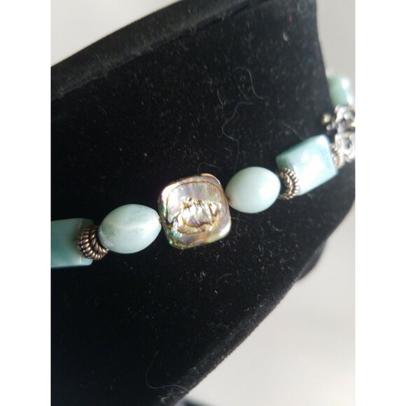 HAND MADE ABALONE PEARLS LIGHT BLUE STONE SILVER TONE NECKLACE 15" gorgeous - Picture 5 of 11